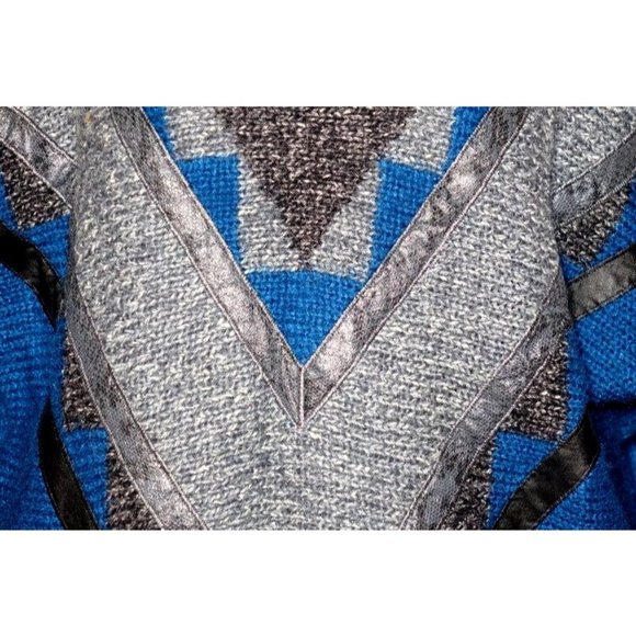 Vintage Snakeskin Leather Sweater Teal Blue & Gray Oversized Cowl Neck Pullover - Picture 3 of 10